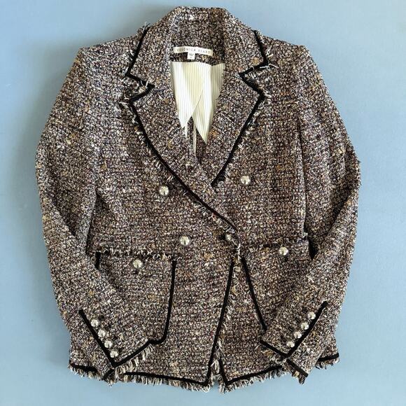 Veronica Beard Theron Fringed Double Breasted Tweed Blazer Brown Multi Jacket - Picture 5 of 7